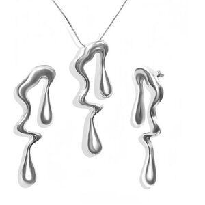 Silver Womens' Necklace and Earring Set Melting Tear Drop Set
